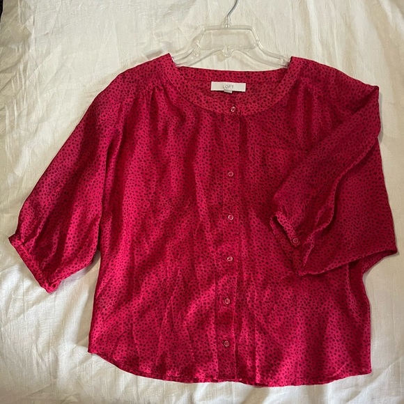 LOFT Red Sheer Button-Up Polka Dot Blouse - Picture 2 of 5